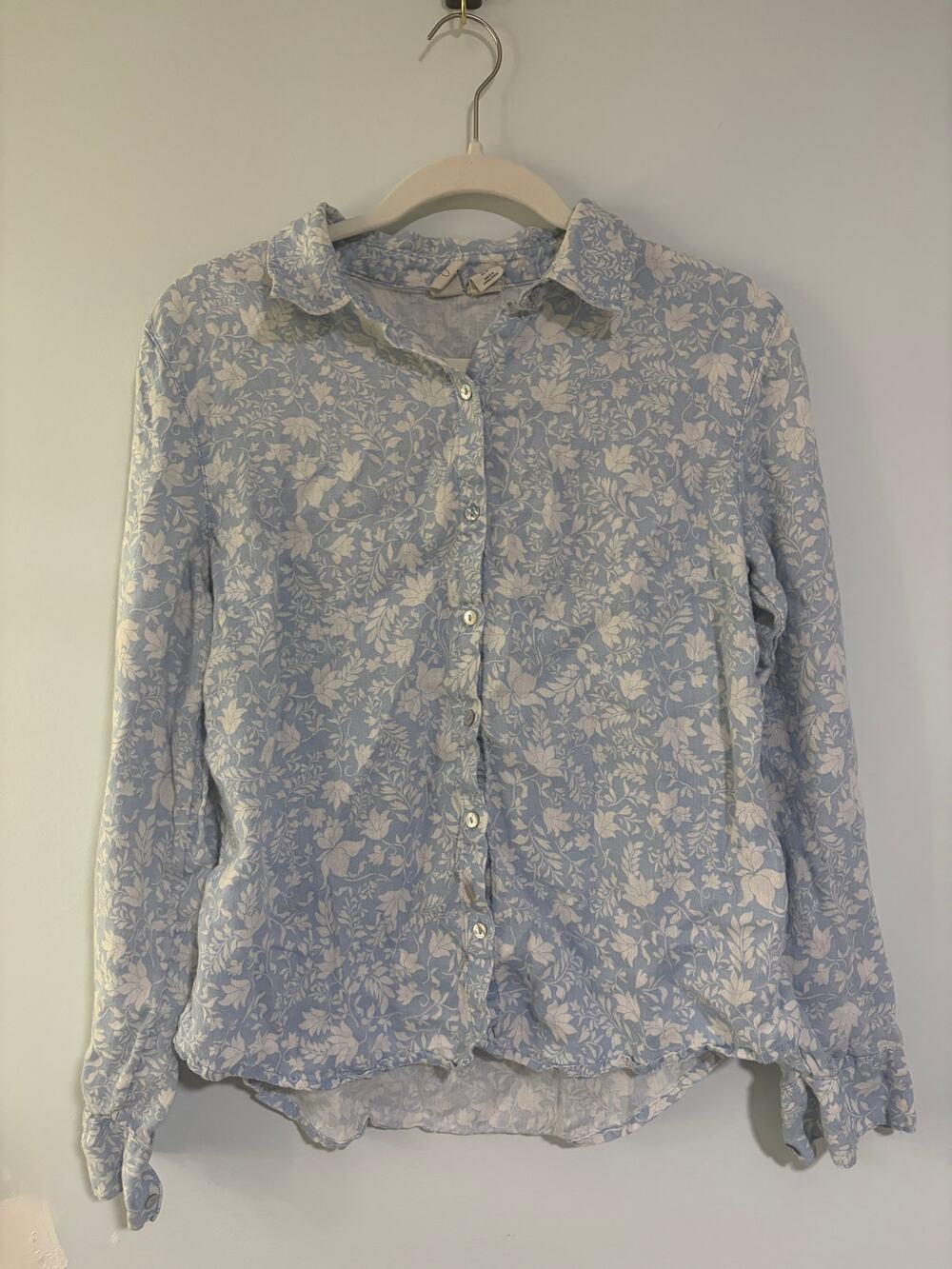 Joie 100% Linen Blue White Floral Button Down Shirt M Coastal Cottage